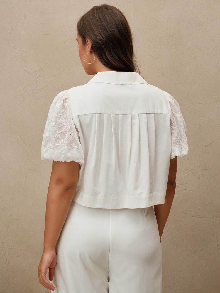 Plus Size Women Short Puff Sleeve Chiffon Patchwork Blouse, Versatile For Work, Summer, Festival, Holiday, Classy, Chic, And Business Casual
