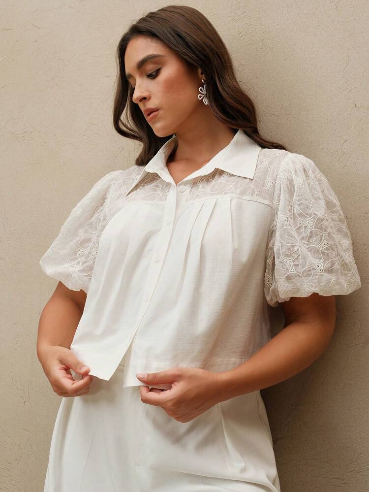 Plus Size Women Short Puff Sleeve Chiffon Patchwork Blouse, Versatile For Work, Summer, Festival, Holiday, Classy, Chic, And Business Casual