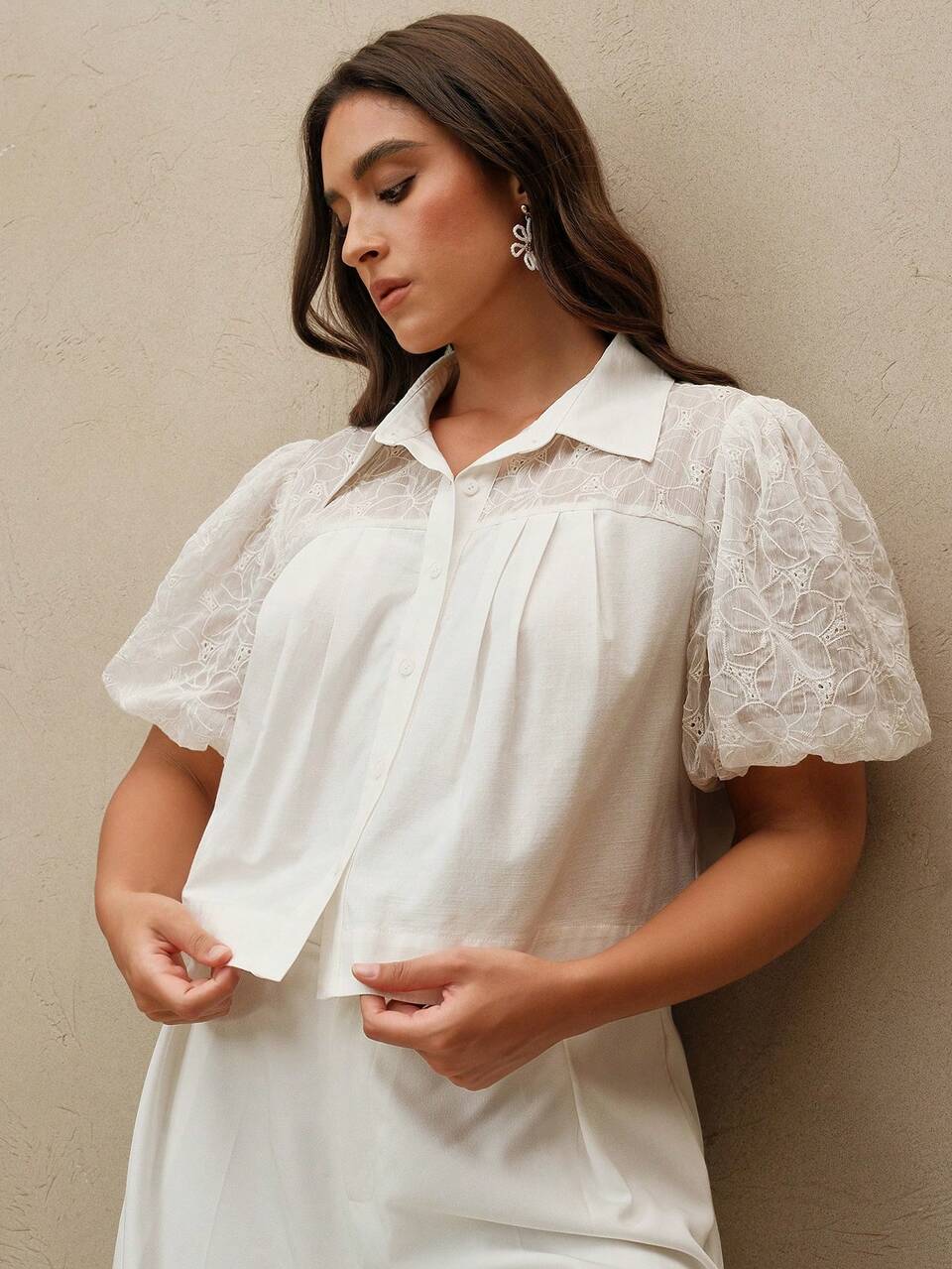 Plus Size Women Short Puff Sleeve Chiffon Patchwork Blouse, Versatile For Work, Summer, Festival, Holiday, Classy, Chic, And Business Casual