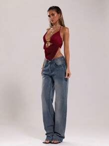 SHEIN BAE Áo thun nữ mùa hè gợi cảm Bohemian Beach Holiday Concert dành cho nữ cổ yếm trang trí kim loại móc len, áo thun mùa hè, áo thun gợi cảm câu lạc bộ - Màu Đỏ Sâu - Xem 4