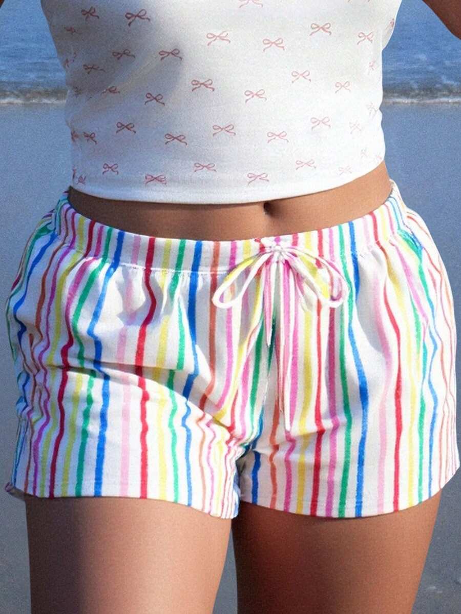 Veykashi Plus Size Women Casual Rainbow Striped Waist Tie Shorts, Suitable For Summer Suitable For Going Out - Multicolor - View 1