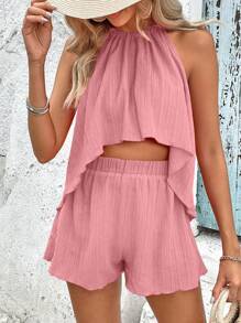 SHEIN Holidaya 新年服装高低下摆吊带上衣和短裤 - 藕粉色 - 查看 4