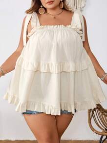 SHEIN CURVE+ Top de verano con volantes en el bajo para mujer de talla grande, vestimenta para vacaciones en la playa, campo o viajes - Albaricoque - Ver 5