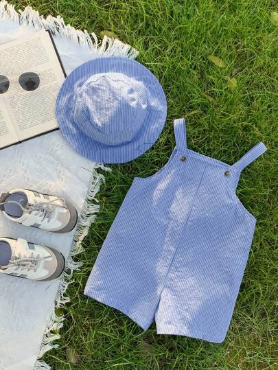 SHEIN 2 件套，男婴/女婴夏季条纹肩带连体衣和渔夫帽，适合居家、度假、海滩的休闲装