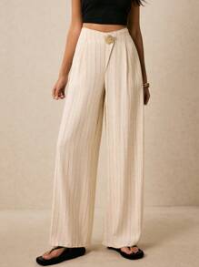 Poéselle Women's Striped Linen Trousers,Wide-Leg Pants With Metal Buckle,Elegant Old Money Style For Brown And Cream,Autumn,Holiday,Brunch,Commuting & Daily - Beige - View 3