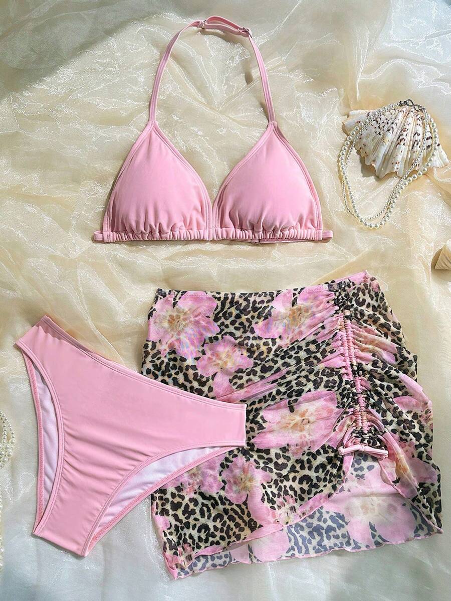 SHEIN 女童三件套热带花卉豹纹比基尼套装,休闲海滩度假甜美粉色 - 粉色 - 查看 1