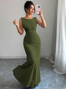 Selianne Women's Spring/Summer Elegant Long Dress, Sleeveless Round Neck A-Line Skirt, Slanted Waist Pleats, Blue Knit Fabric - Green - View 5