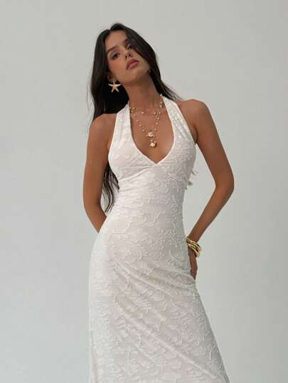 Aloruh Vit flockad elegant halterneck lång klänning med rygglös passform, lämplig för alla hjärtans dag och bröllopssäsongen