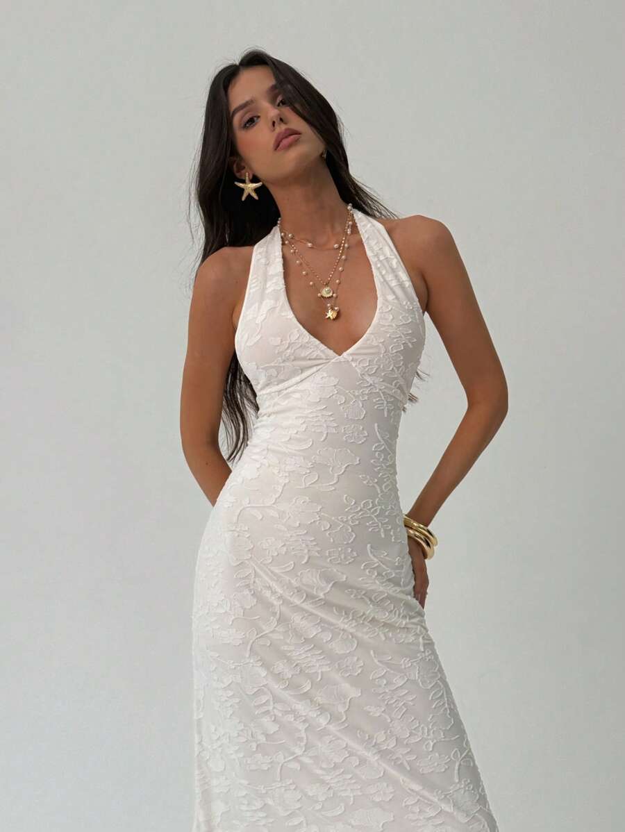 Aloruh White Flocked Elegant Halter Backless Long Dress, Suitable For Valentine's Day & Wedding Season White Graduation Dress Party Dresses For Women Business Casual Woman - White - View 1