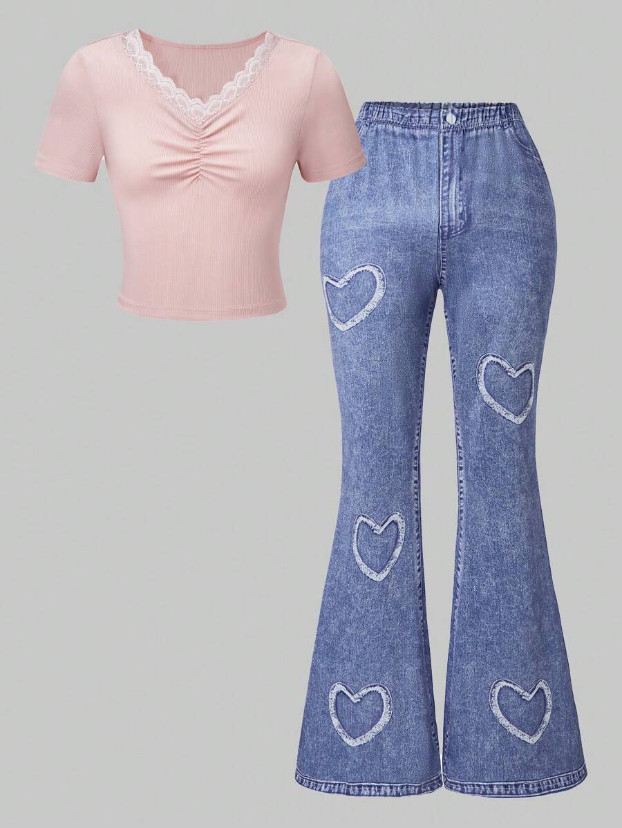 SHEIN 2pcs Set Teens Girls Casual Lovely Lace Trim Striped Short Sleeve T-Shirt And Heart Print Flared Pants Outfit, Suitable For Leisure Outdoor - Multicolor - View 1