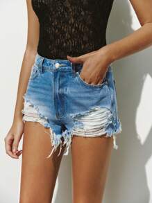 Lumivelle Women High Waist Ripped Pockets Frayed Hem Casual Denim Shorts - Medium Wash - View 7