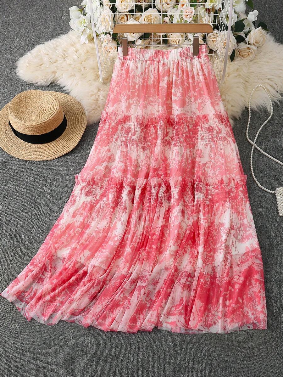 DreamSkyne Casual Elastic Waist Mesh Mid-Length A-Line Skirt - Multicolor - View 1