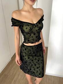 DAZY Set de 2 piezas - Conjunto de top corto y falda mini de encaje calado de colores contrastantes, verano negro para mujer - Negro - Ver 1