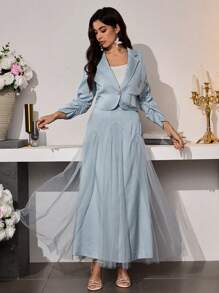 Modelyn Conjunto de 2 piezas para mujer: Blazer corto romántico con inserto de malla y falda, primavera/verano - Azul - Ver 7