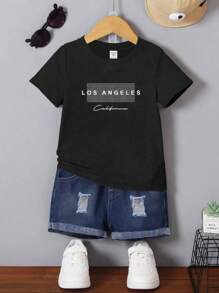 Set de tricou cu mânecă scurtă și pantaloni scurți din denim pentru copii mici