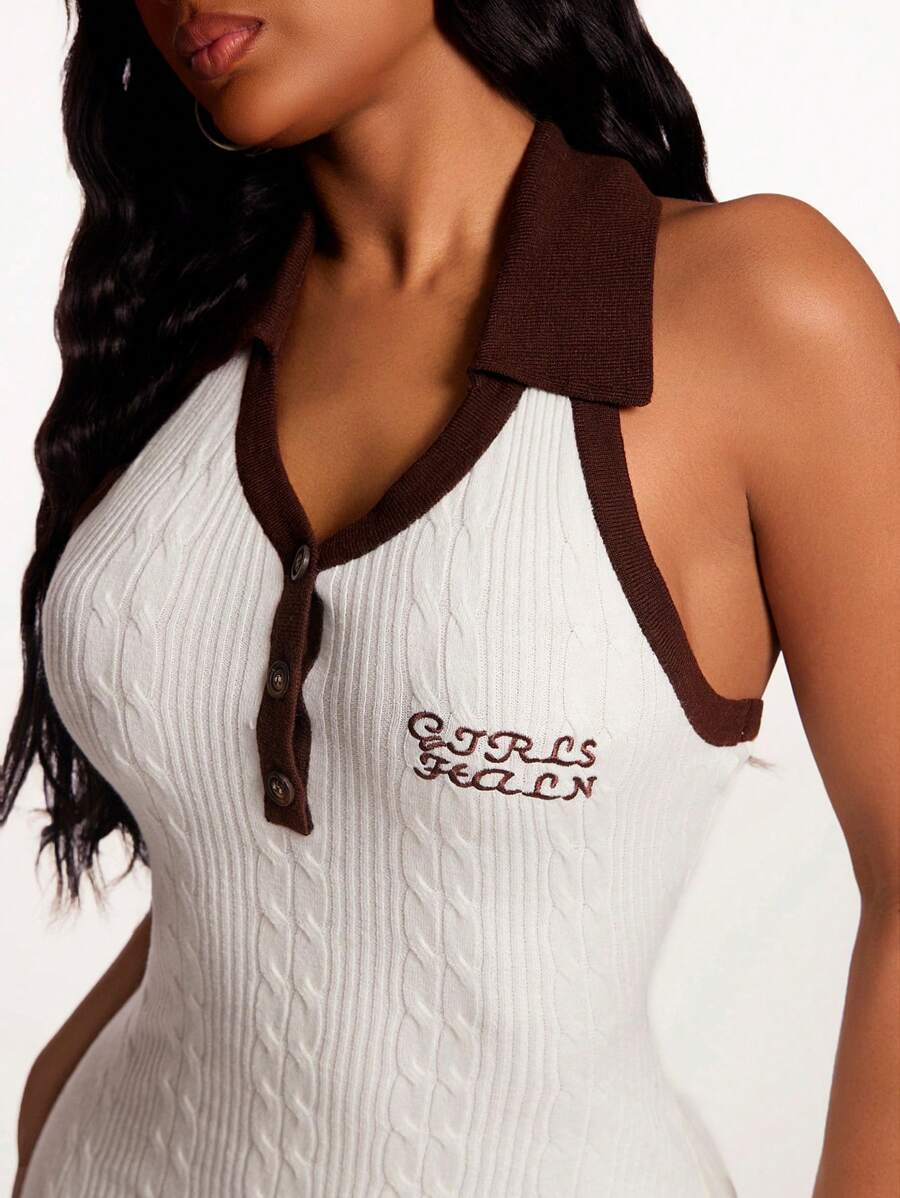 SHEIN SXY 全新夏季休闲性感简约马球领挂脖修身连衣裙针织毛衣女装 - 杏色 - 查看 1