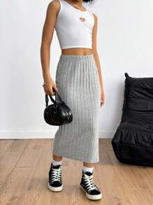 SHEIN Explorewe Tween Girls' Solid Color Separate Knit Skirt, Elastic Knit Fashion, Decorative Details, High Waist Design, Comfortable