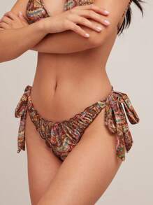 WESTFADE Paisley Printed Velvet Mid Rise Adjustable Cute Bow Tie Sides High Cut Leg Medium Coverage Bikini Bottoms Summer Western Boho Cowgirl Beach Vacation - Multicolor - View 4