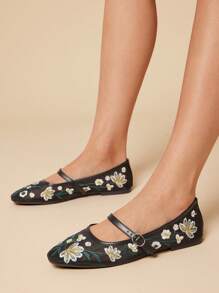 SHUZIA Elegant Black Floral Embroidered Mary Jane Flat Round Toe Shoe Perfect Comfort Fit For All-Day Wear - Black - View 5