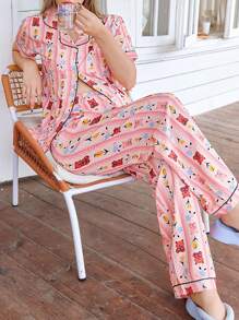 Conjunto de pijama de camisa con cuello de volantes y pantalones con estampado romántico de oso y flores para tallas grandes - Multicolor - Ver 4