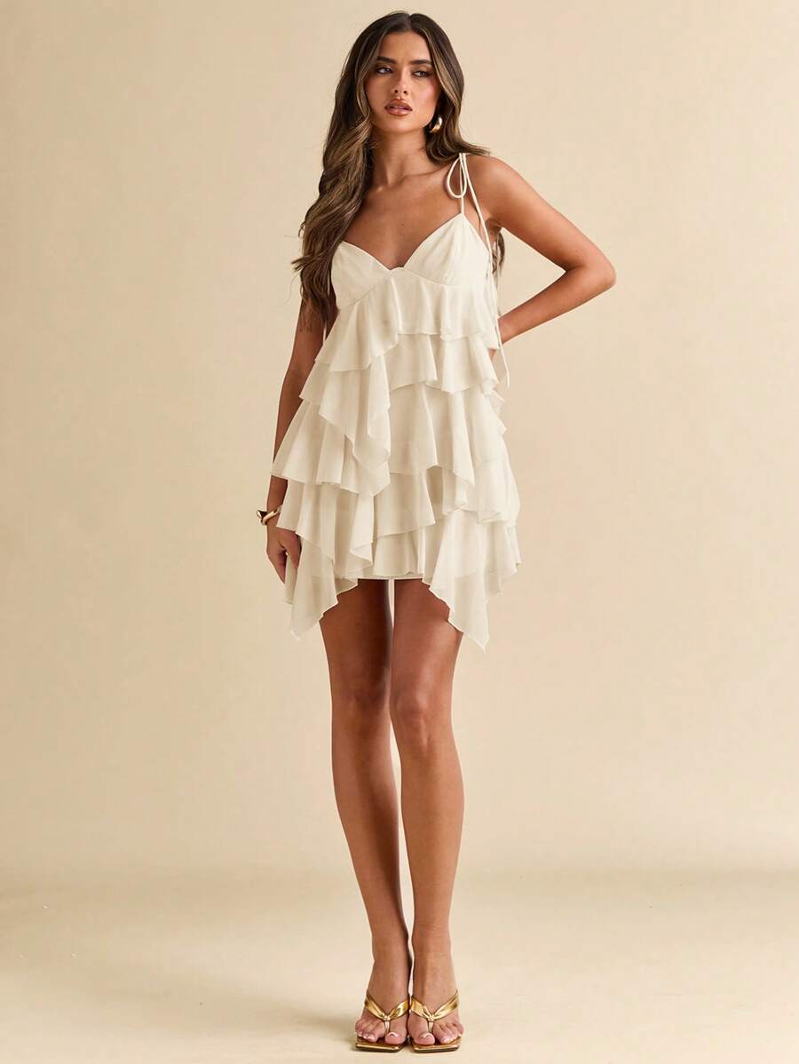 SHEIN BAE 夏季海边度假纯色荷叶边细节节日连衣裙荷叶边雪纺蛋糕裙吊带裙音乐节乡村音乐节演唱会返校婚礼伴娘 - 杏色 - 查看 1