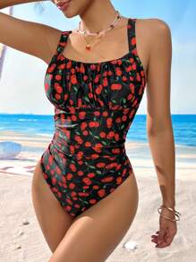 Swim Mod Women's Ruched Cherry Print One-Piece Swimsuit, Vacation For Summer - Multicolor - View 4