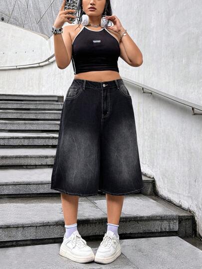 Dripcurv Plus Size Black Casual Loose Wide Leg Capri Jeans, Teacher For Women Valentine's Day