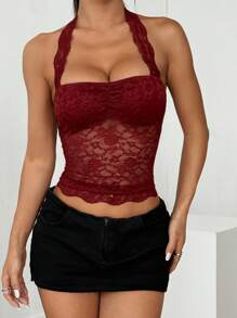 SHEIN EZwear Damen einfarbiges kurzes Trägertop mit Spitze und transparenten Elementen