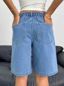 SHEIN Teen Girls Y2K Fashion Streetwear Blue Washed Bowknot Embroidered Denim Loose Baggy High Waist Bermuda Shorts Denim Baggy Long Short,Girls Summer Beach Boho Vacation Shorts, Summer Concert Festival Casual Rave Outfits, Girls Summer Brunch Church Graduation Outfits,Streetwear Back To School Outfits