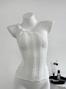 Chiquease Top ajustado sin mangas con un solo hombro, fruncido y textura de unicolor para mujer - Blanco - Ver 3