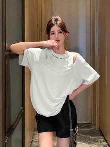 DAZY maglietta estiva casual e ampia da donna, con stampa di slogan e design traforato