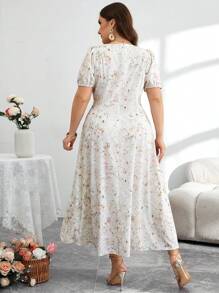 Modelyn Đầm cổ vuông in hoa nhuộm loang cỡ lớn tay bồng eo viền xòe thanh lịch lãng mạn - Nhiều màu - Xem 2