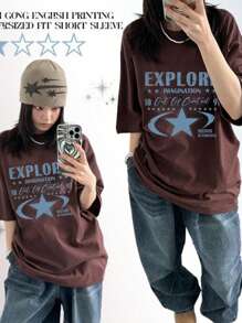 DAZY Women's Letter Print Contrast Color Loose Round Neck Short Sleeve T-Shirt, Spring, Summer Graphic Tee Oversized T-Shirt, Teacher - Brown - View 1