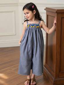 SHEIN Elladie kids Young Girl Plaid Cherry Embroidered Wide Leg Jumpsuit With Suspenders - Multicolor - View 7