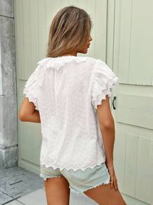 SHEIN LUNE V-Neck Button Half Open Collar Ruffle Trim A-Line Smock Shirt, Embroidered Hollow Texture Fabric, Casual Vacation Elegant Ladies Blouse - White - View 2