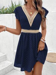 SHEIN Frenchy Váy tay lửng chắp vá màu sắc giản dị cho kỳ nghỉ - Xanh đậm - Xem 3