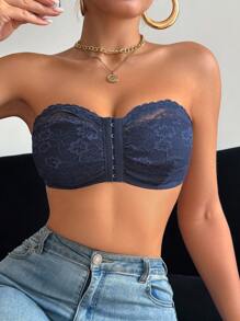 Lace Wireless Camisole Front Closure Bra, Tube Top Style - Blue - View 3
