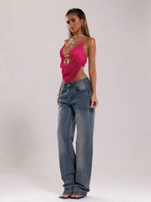 SHEIN BAE 女士夏季性感波西米亚海滩度假演唱会女士露背领带金属装饰钩针夏季上衣，夏季，俱乐部性感上衣 - 玫紅色 - 查看 4