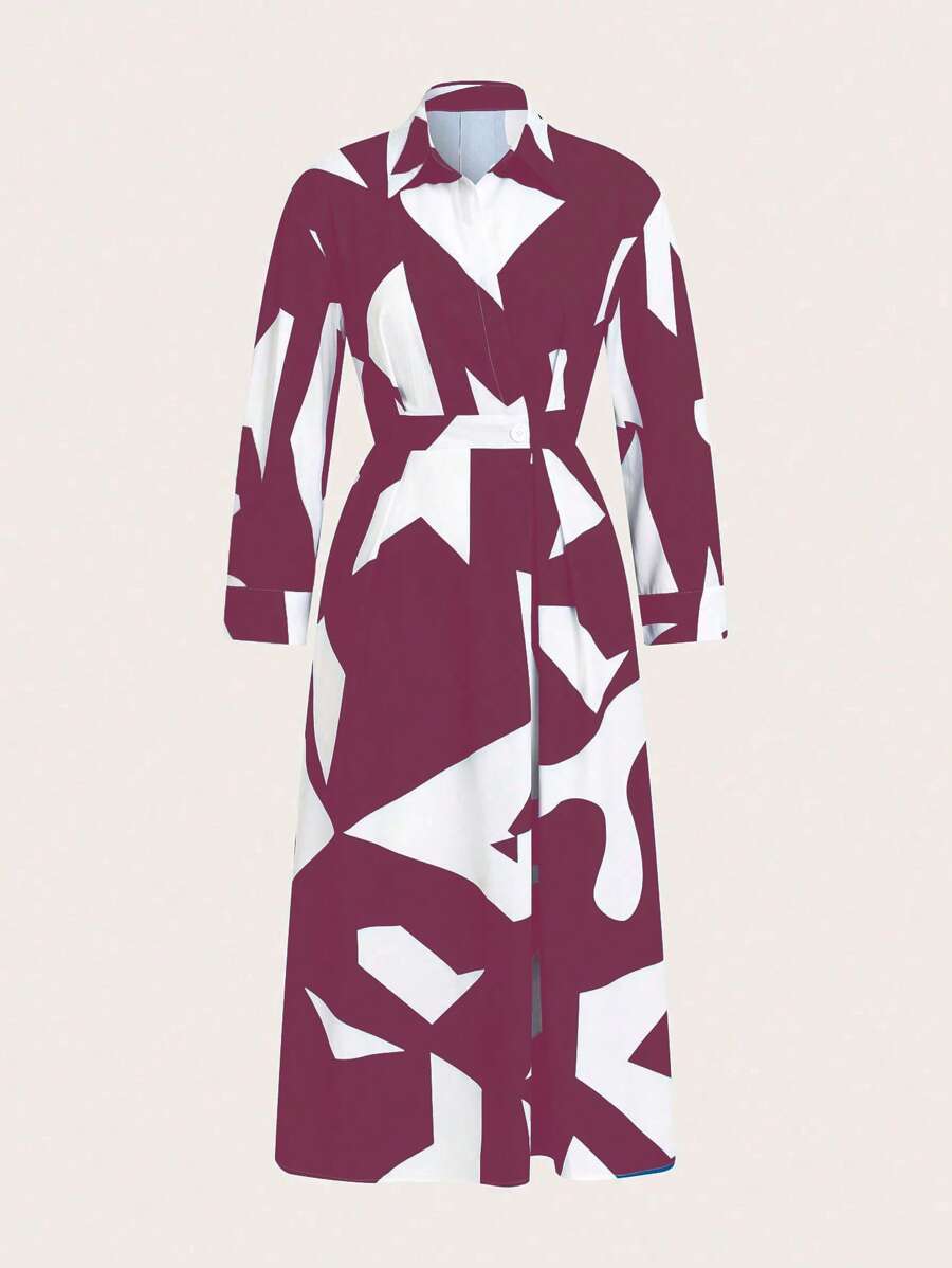 SHEIN Clasi 女士随机印花简约日常连衣裙长款女装 - 酒紅色 - 查看 1