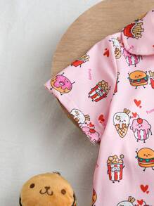 Baby Girl Cute Light Pink Summer Holiday Graphic Shorts Set,Cartoon Burger Fries Doughnut Print Short Sleeve Cardigan Soft Comfortable Home Outfit - Pink - View 3