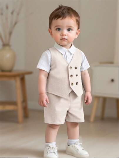 2 件套婴儿幼儿休闲韩版灰色双排扣背心和短裤套装，适合生日派对、典礼、婚礼、婴儿洗礼
