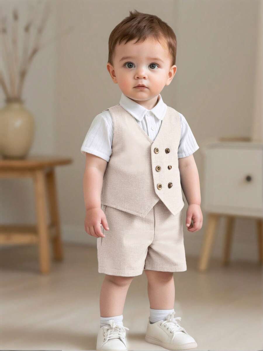 Bộ 2 món/bộ quần áo vest và quần short phong cách Hàn Quốc giản dị cho bé mới biết đi màu xám, thích hợp cho tiệc sinh nhật, lễ cưới, tiệc mừng em bé - Màu Khaki - Xem 1