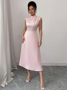 Elenzga Romantic Elegant Draped A-Line Midi Dress - Pink - View 4