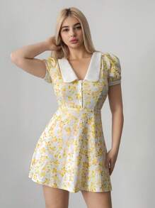 Sweetina 全新甜美性感辣妹黄色碎花细肩带飘逸太阳裙，适合假日休闲，白色毕业礼服，女士夏季连衣裙 - 黃色 - 查看 3