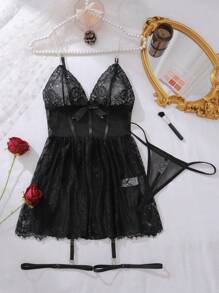 SHEIN Women's Lace Bowknot Decorated Sexy Lingerie Dress With Strap For Going Out - Black - View 6