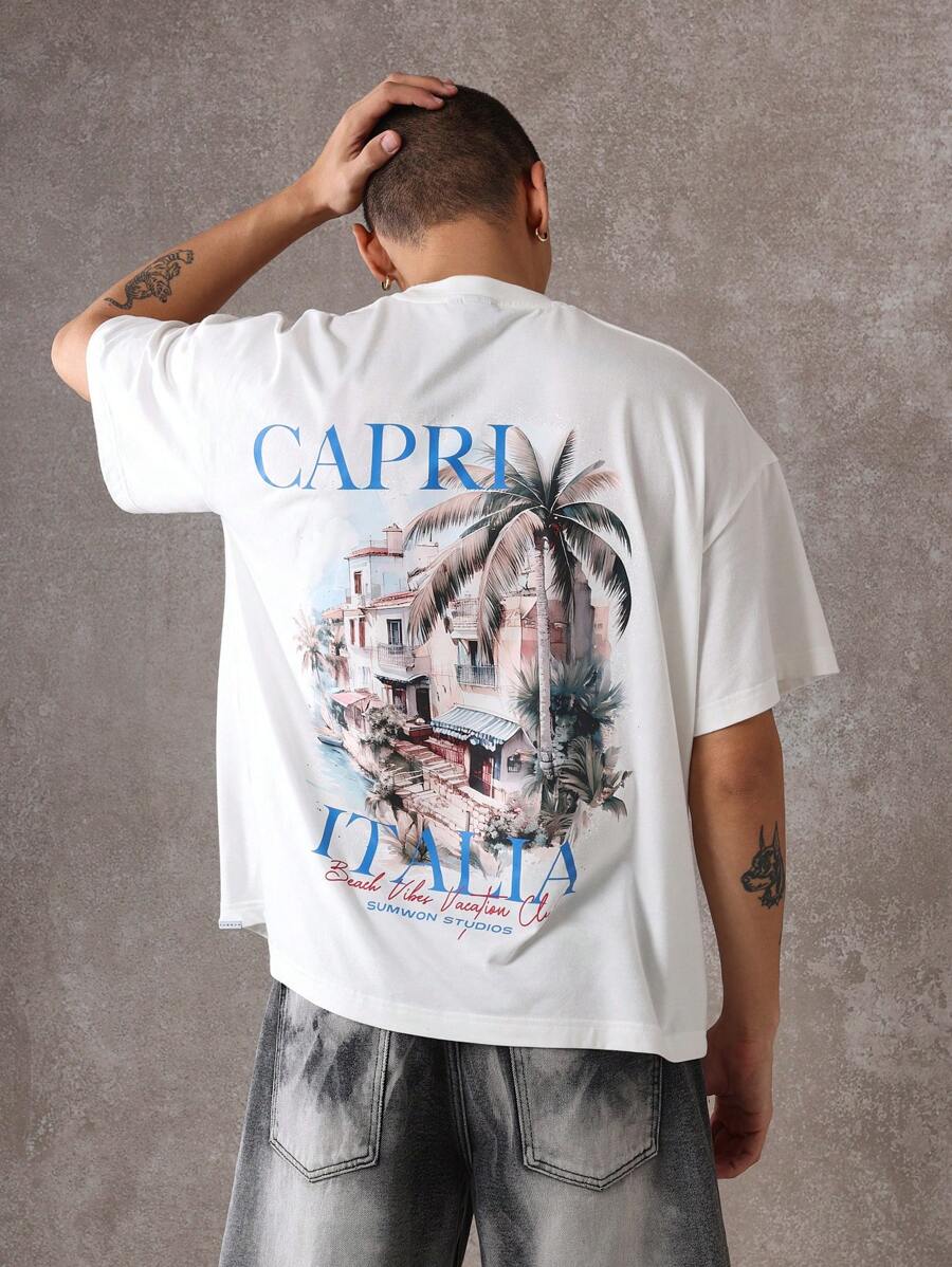 Sumwon Studios 意大利夏季度假 T 恤卡普里海滩氛围地中海印花旅行超大宽松图案短袖 T 恤假日休闲街头服饰 - 白色 - 查看 1