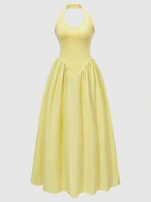 SHEIN Explorewe 少女吊带针织上衣搭配纹理裙摆连衣裙 - 黃色 - 查看 3