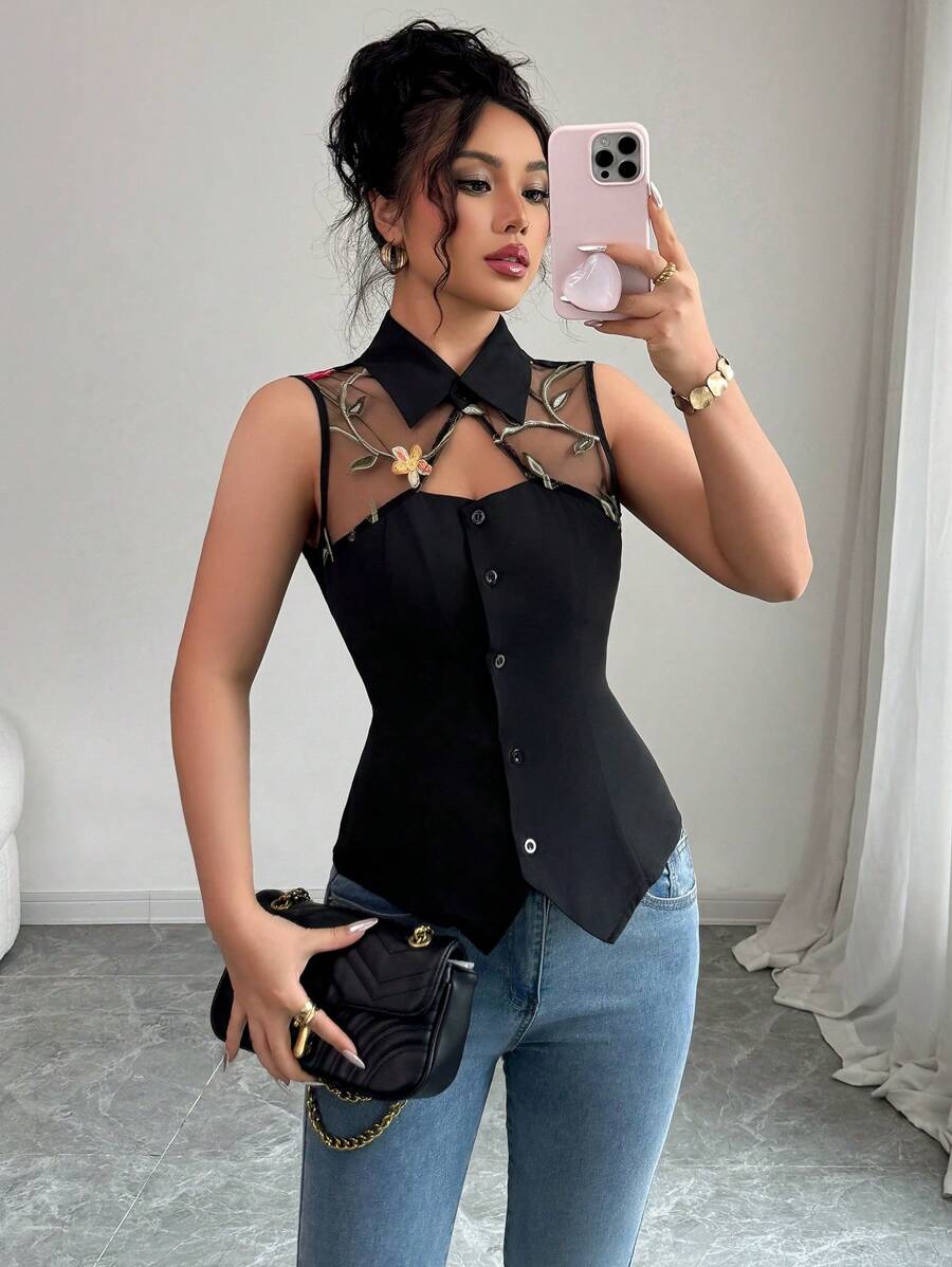 Elenzga Women Casual 3D Rose Mesh Patchwork Blouse (Random Floral Print), Summer - Black - View 1