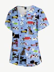 PopScrub Summer Nurse Scrub Uniform Top, Fun Cartoon Dog Print Casual Nursing Scrub Top For Women - Multicolor - View 5