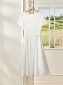 Rusticease Đầm dài rộng cổ tròn màu trơn cho nữ - trắng - Xem 5